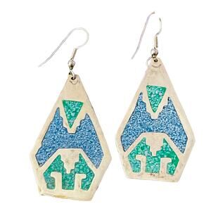 Vintage Alpaca Mexico Silver Tone Turquoise Inlay Earrings Pierced Pair